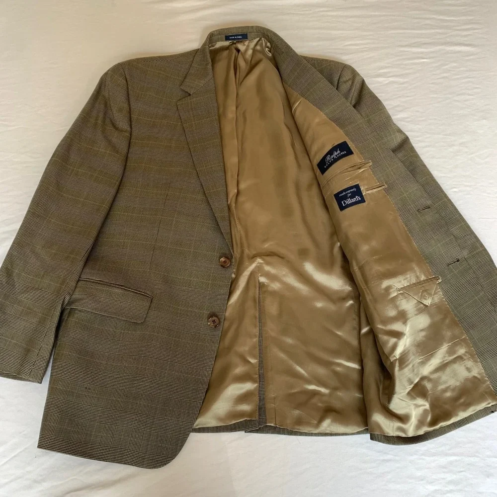 Ralph Lauren Mens‎ Glen Plaid Wool Suit 44R Brown Pink Check 2 Button Dillards